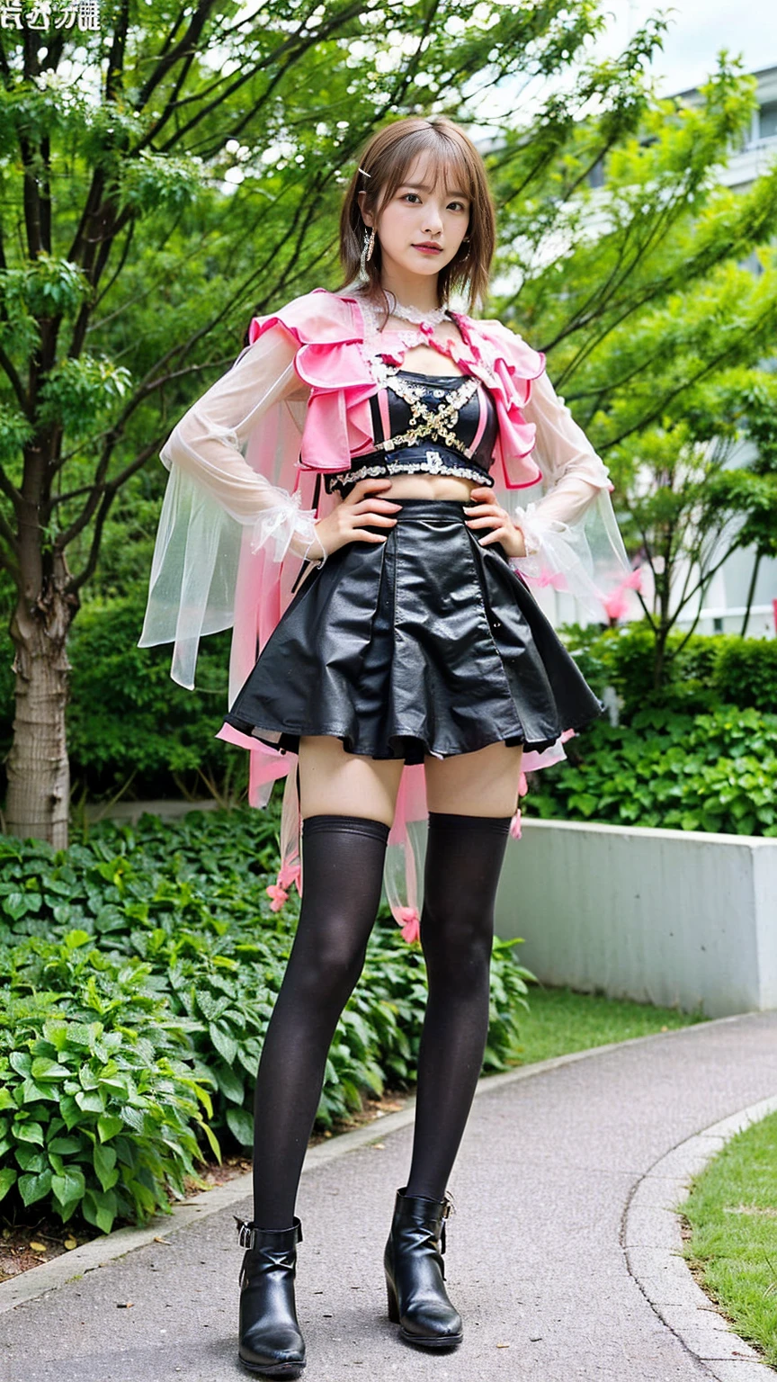 (8K、RAW Photos、Highest quality、masterpiece:1.2)、(Realistic、Realistic)、1 Girl、((Pink and black mini skirt、one piece、Frills、Cape、Medium Hair、Pretty Cure Costume、See-through、tights、ribbon、boots、chest emphasis、whole body、garden、View from the front、Looking into the camera、Stand with hands on hips))、