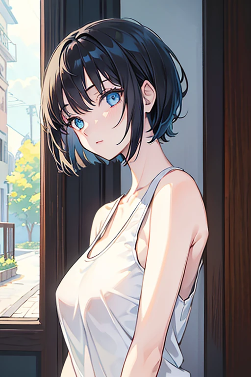 ((Highest quality)), ((masterpiece)), (Familiar), Illustration Style,Perfect Face,1 Girl,Black Hair,Short Hair,Glowing Skin,big, Bright Blue Eyes,Beautiful Bangs,Small breasts,Super Beauty,woman,16 years old,White tank top,Beautiful clothes,