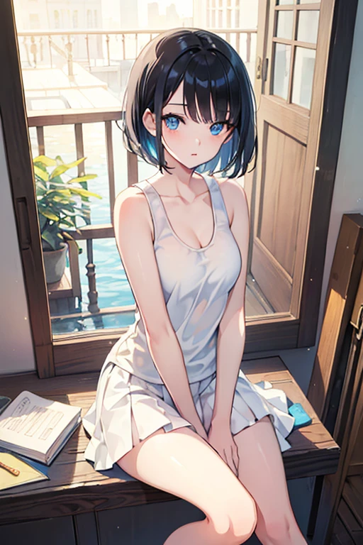 ((Highest quality)), ((masterpiece)), (Familiar), Illustration Style,Perfect Face,1 Girl,Black Hair,Short Hair,Glowing Skin,big, Bright Blue Eyes,Beautiful Bangs,Small breasts,Super Beauty,woman,,White tank top,Beautiful clothes,