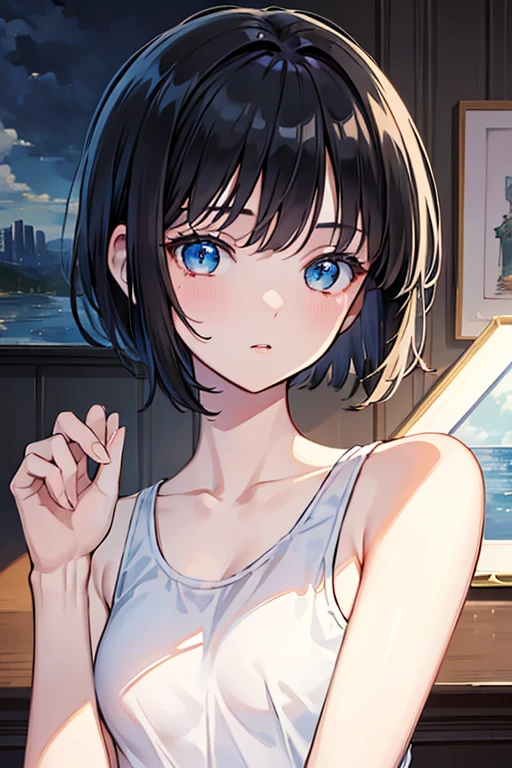 ((Highest quality)), ((masterpiece)), (Familiar), Illustration Style,Perfect Face,1 Girl,Black Hair,Short Hair,Glowing Skin,big, Bright Blue Eyes,Beautiful Bangs,Small breasts,Super Beauty,woman,16 years old,White tank top,Beautiful clothes,