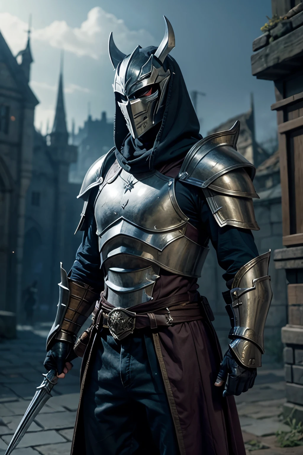 Character with armor and mask in a fantasy world