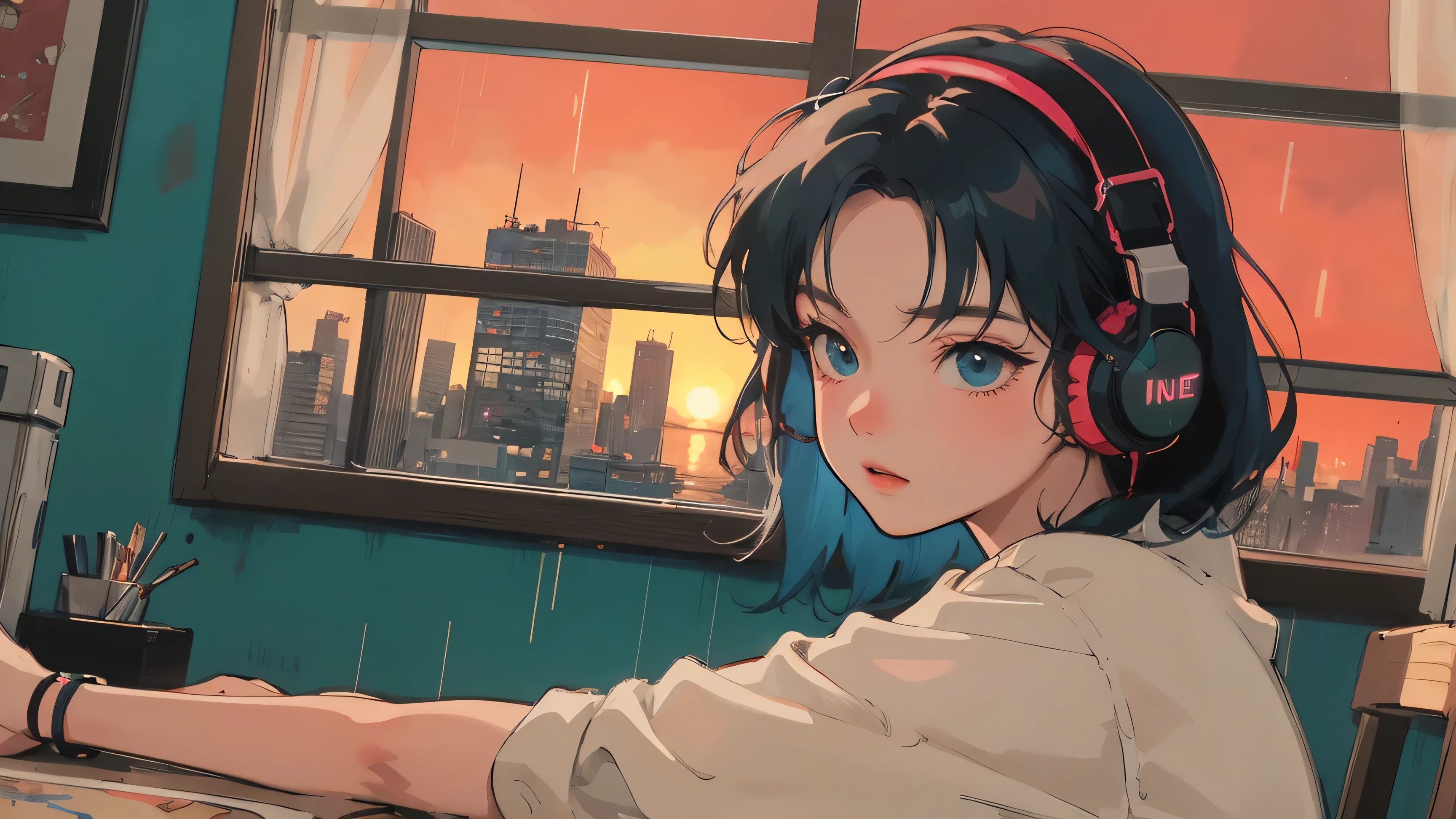アニメ girl sitting on floor looking out window at city, アニメ aesthetic, アニメ vibes, lofi artstyle, Lo-fi portrait by the window, Watching the Sunset. アニメ, Lofty Girl, アニメ art wallpaper 4 k, アニメ art wallpaper 4k, アニメ art wallpaper 8 k, アニメ background art, Lofi Color, Lofi Art, アニメ asthetic,masterpiece, Highest quality, Rainbow Style, アニメ, Beautiful Asian Girl, Along the Hawaiian Coast, Cute and dreamy,アニメ,Illustrator,LOFI Girl, Blues,landscape,Sunset, night、Girl listening to music in a cozy room, Use headphones, 2D Style Anime, Rain outside the window、Analog Color Theme、Ghibli style,、Tokyo, modern