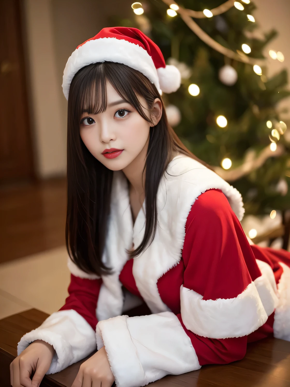 Tabletop、Highest quality、gravure、 Super detailed、High resolution、8k wallpaper、Perfect dynamic composition,、Full Body Lesbian，Beautiful attention to detail、Black hair straight、Natural color lips、Bold sexy pose、LOL、20-year-old girl、Beautiful sister、Beautiful ideal proportions、Take a look at the sexy shots of the lens、Santa Claus Costume:1.4、Christmas tree、beautiful christmas illuminations、Idol-like cute face:1.2,