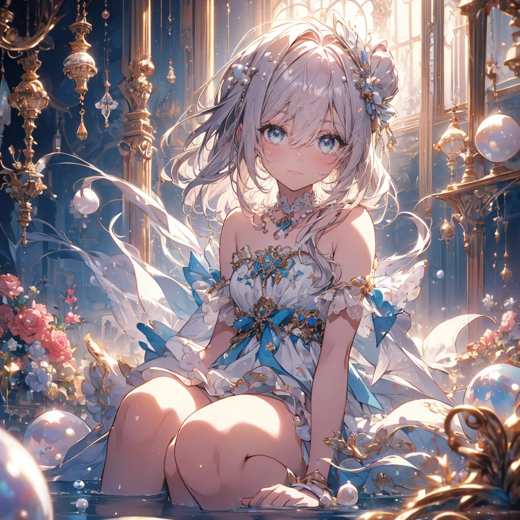 (masterpiece), (highest quality), (Very detailed),(Messy Hair),(shape), (1 girl), (Kindergarten child)Detailed and beautiful eyes,Delicate beautiful face,floating,(High saturation),(Pearl Accessories),Pearl Ball Bubble,(The Shining),Focus on the face, Sit on a pearl ball, (((Panty shot)))