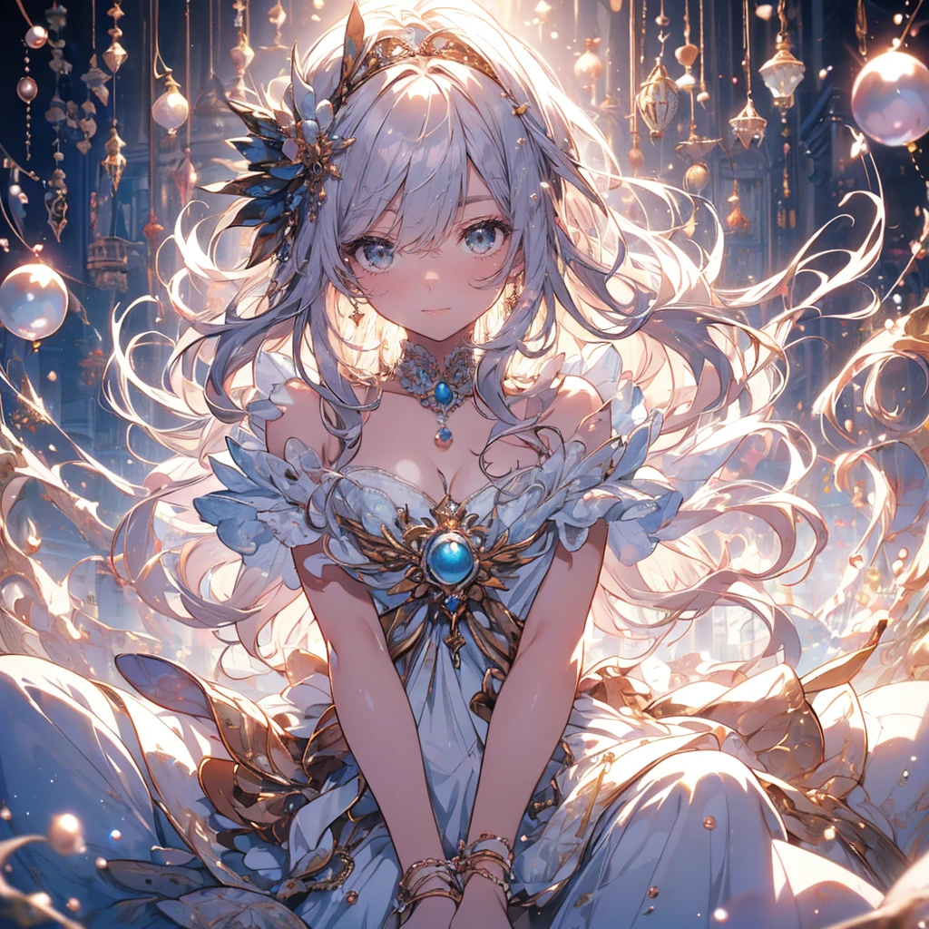 (masterpiece), (highest quality), (Very detailed),(Messy Hair),(shape), (1 girl), (Kindergarten child)Detailed and beautiful eyes,Delicate beautiful face,floating,(High saturation),(Pearl Accessories),Pearl Ball Bubble,(The Shining),Focus on the face, Sit on a pearl ball, (((Panty shot)))