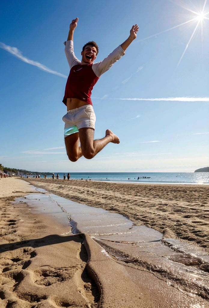 with very clear resolution A man celebrating, jumping for joy in a beautiful setting, such as a beach, representing the feeling of security and happiness with successful financial decisions.