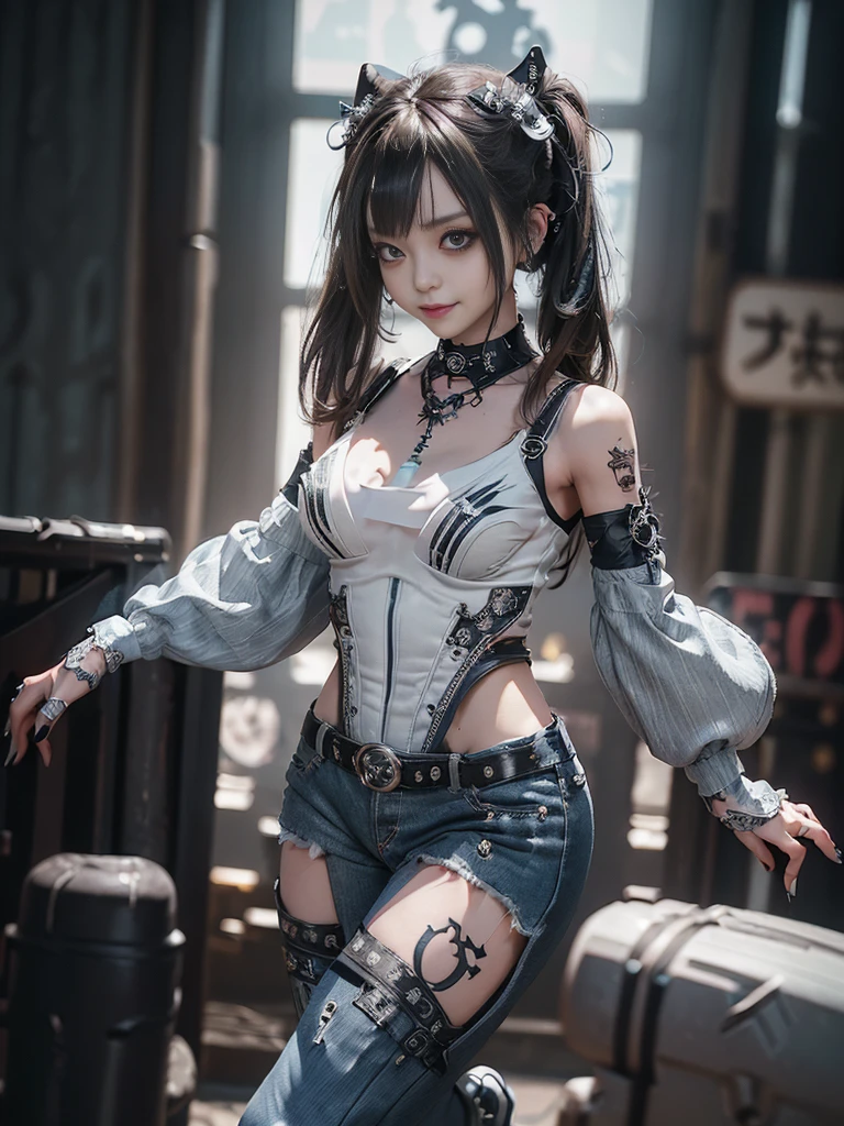 (Full Body View:1.4)、(Side view:1.1)、(Smiling with teeth showing:1.3),(Shibuya Gal:1.5)、(Gothic ta style fashion:1.5)、(Punk RockVisual Kei:1.5)、(Wearing a rhythmic gymnastics bodysuit with intricate details:1.4)、(Racing suit and pants with intricate decorations in white, denim and charcoal:1.5)、(Denim and light blue and white boots:1.3)、((belt))、(Numerous delicate logo marks all over the costume:1.4)、(collar:1.3)、(Striped underwear:1.5)、20-year-old、NSFW、((Highest quality、In 8K、masterpiece:1.3))、Sharp focus:1.2、(Layered Cut、Huge boobs:1.1),Beautiful woman with perfect figure:1.4、(Dancing vigorously:1.3)、Slender Abs:1.2、Highly detailed face and skin texture、Detailed eyes、double eyelid,(Twin tails:1.3)、(Brown Hair:1.3)、Gravure idol、(The background is the stage of the fashion show:1.3)、(Slim body:1.3),(Make your legs thinner:1.4),(clavicle:1.1)、(Thin and slim thighs:1.3)