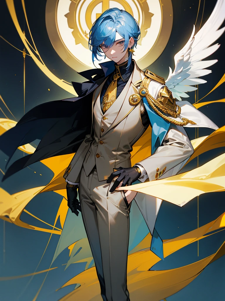 Sunday is a young man with fair skin., golden irises and dark blue pupils. He has sleek shoulder-length light blue hair with bangs, combed to the left. Behind his ears he has wings of the same color pierced with gold earrings, as well as a halo with details, resembling eyes, Behind your head, which represents his Halowian heritage.
Sunday outfit consists of a white sleeveless coat, light gray unbuttoned jacket underneath, black turtleneck with gold ornament in the middle, resembling an eye, and a dark blue wing-shaped vest under the jacket. He also wears white gloves with gold cross-cuts, as well as light gray trousers and black loafers with gray soles. To his left is a gold decoration, attached to a blue cape and tassel, and his coat and jacket are unbuttoned at the back, exposing the vest.