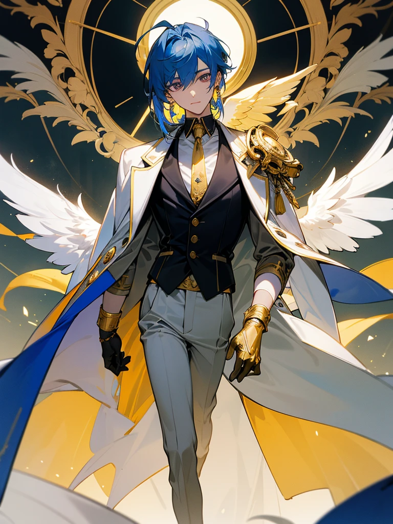 Sunday is a young man with fair skin., golden irises and dark blue pupils. He has sleek shoulder-length light blue hair with bangs, combed to the left. Behind his ears he has wings of the same color pierced with gold earrings, as well as a halo with details, resembling eyes, Behind your head, which represents his Halowian heritage.
Sunday outfit consists of a white sleeveless coat, light gray unbuttoned jacket underneath, black turtleneck with gold ornament in the middle, resembling an eye, and a dark blue wing-shaped vest under the jacket. He also wears white gloves with gold cross-cuts, as well as light gray trousers and black loafers with gray soles. To his left is a gold decoration, attached to a blue cape and tassel, and his coat and jacket are unbuttoned at the back, exposing the vest.