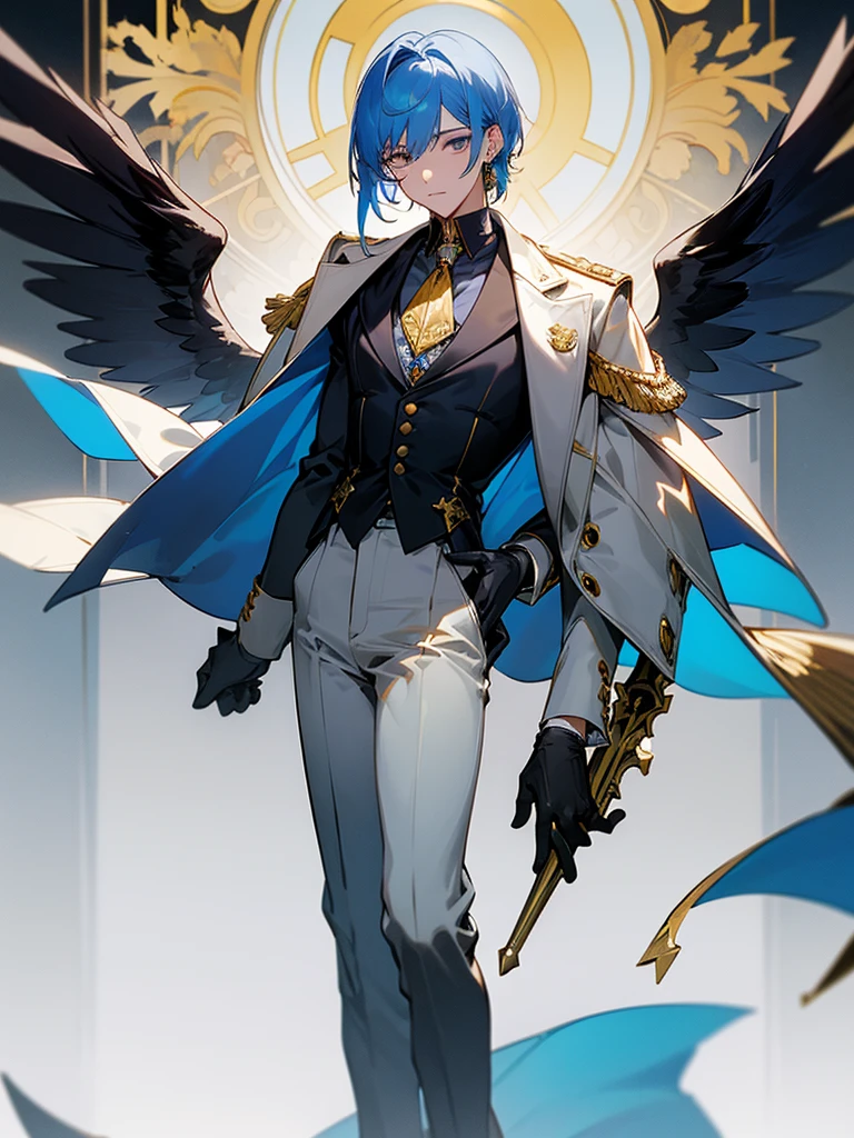 Sunday is a young man with fair skin., golden irises and dark blue pupils. He has sleek shoulder-length light blue hair with bangs, combed to the left. Behind his ears he has wings of the same color pierced with gold earrings, as well as a halo with details, resembling eyes, Behind your head, which represents his Halowian heritage.
Sunday outfit consists of a white sleeveless coat, light gray unbuttoned jacket underneath, black turtleneck with gold ornament in the middle, resembling an eye, and a dark blue wing-shaped vest under the jacket. He also wears white gloves with gold cross-cuts, as well as light gray trousers and black loafers with gray soles. To his left is a gold decoration, attached to a blue cape and tassel, and his coat and jacket are unbuttoned at the back, exposing the vest.