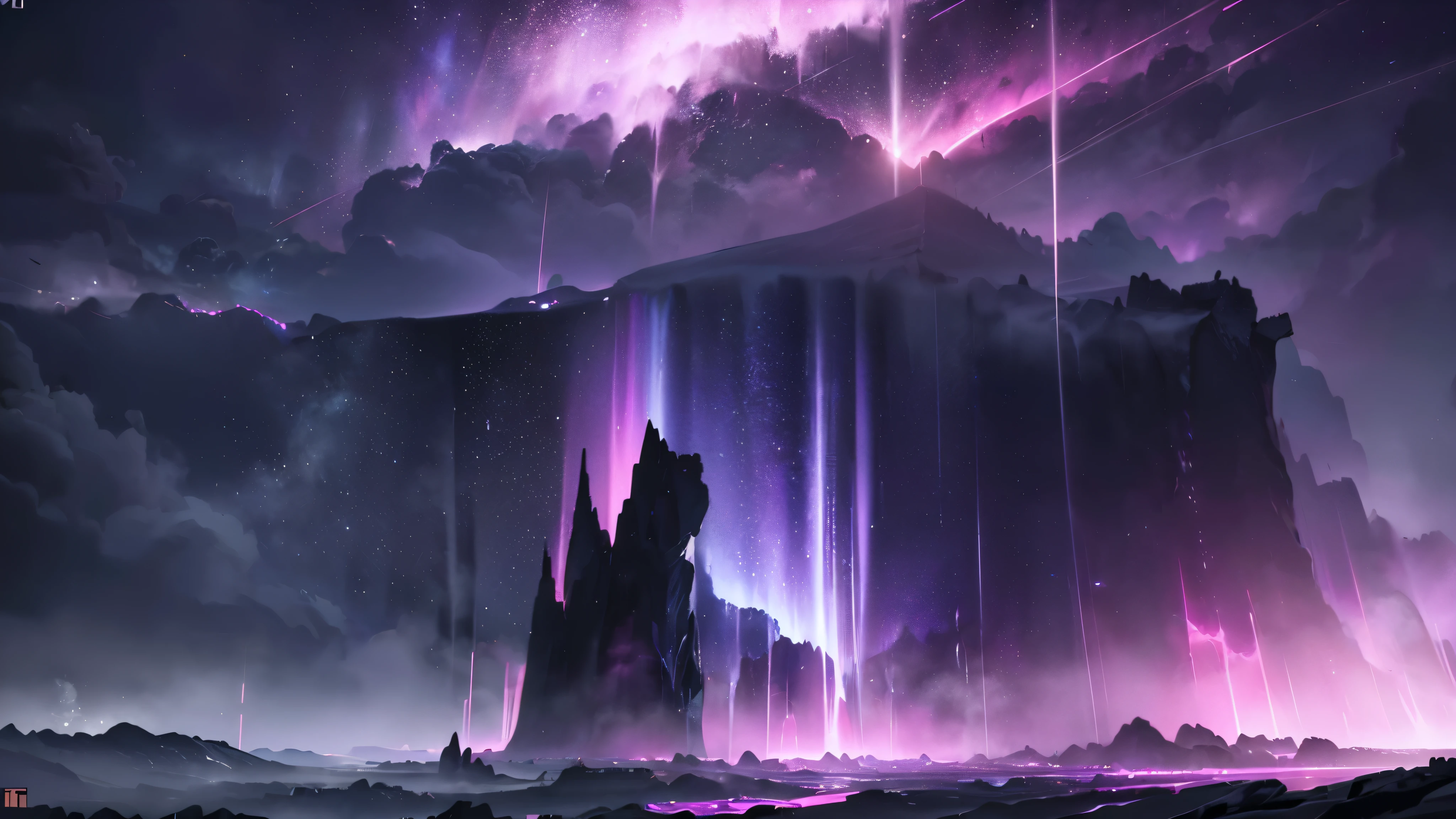 a thunderstorm in nature, hot pink and purple auroras, hot pink thunder and lightning, raining, dark colors, (best quality,4k,8k,highres,masterpiece:1.2),ultra-detailed,(realistic,photorealistic,photo-realistic:1.37),concept art,fantasy,dramatic lighting,moody atmosphere,dramatic sky,cinematic,dark colors,midnight
