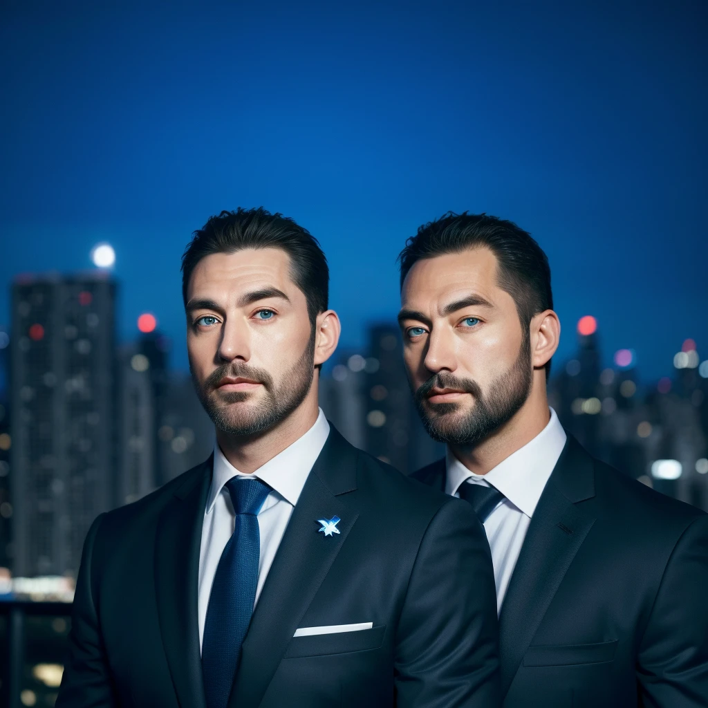 (absurdres, highres, ultra detailed, realistic, ), 1 male, solo, adult, mature, tall muscular guy, broad shoulders, handsome, very short hair, bald, blue eyes, angular bearded jaw, thick neck, thick eyebrows, night, dark, the night view of the city background, formal suit, necktie, upper body