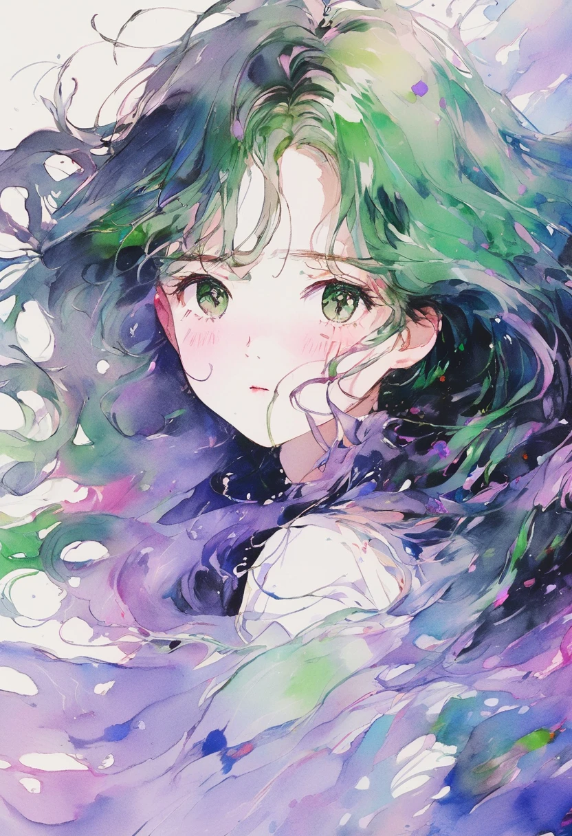 Beautiful girl in vibrant colors: 8-year-old Gil, Messy Hair, Painting, 素敵なperfectionな顔,Soft Skin,perfection, green、, Lilac and violet additions, Add Light Red, complicated细节, splash screen, 8K resolution, masterpiece, Cute face,Smooth very black ink flow from Art Station Digital: 8K resolution photorealistic masterpiece: Delicate and exquisite fluid gouache Painting: author:John Batiste Monger: calligraphy: acrylic fiber: Watercolor, Professional photography, Natural light, Volume lighting minimalist photo illustration: author:Merton Bobzart:, complicated, elegant, Expanded, wonderful, curl, Lively