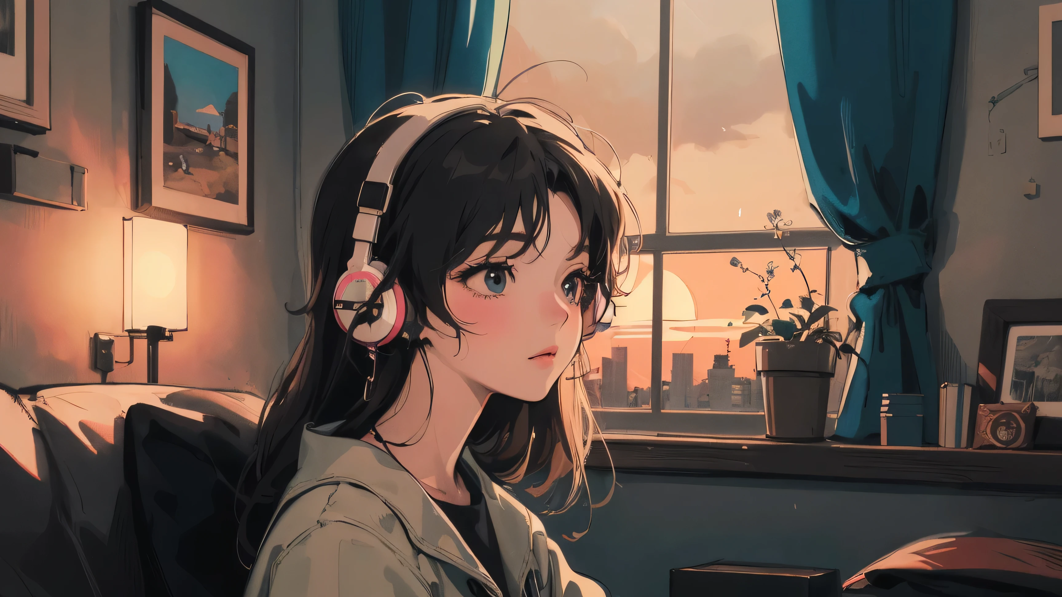 アニメ girl sitting on floor looking out window at city, アニメ aesthetic, アニメ vibes, lofi artstyle, Lo-fi portrait by the window, Watching the Sunset. アニメ, Lofty Girl, アニメ art wallpaper 4 k, アニメ art wallpaper 4k, アニメ art wallpaper 8 k, アニメ background art, Lofi Color, Lofi Art, アニメ asthetic,masterpiece, Highest quality, Rainbow Style, アニメ, Beautiful Asian Girl, Along the Hawaiian Coast, Cute and dreamy,アニメ,Illustrator,LOFI Girl, Blues,landscape,Sunset, night、Girl listening to music in a cozy room, Use headphones, 2D Style Anime, Rain outside the window、Analog Color Theme、Ghibli style,、Tokyo, modern