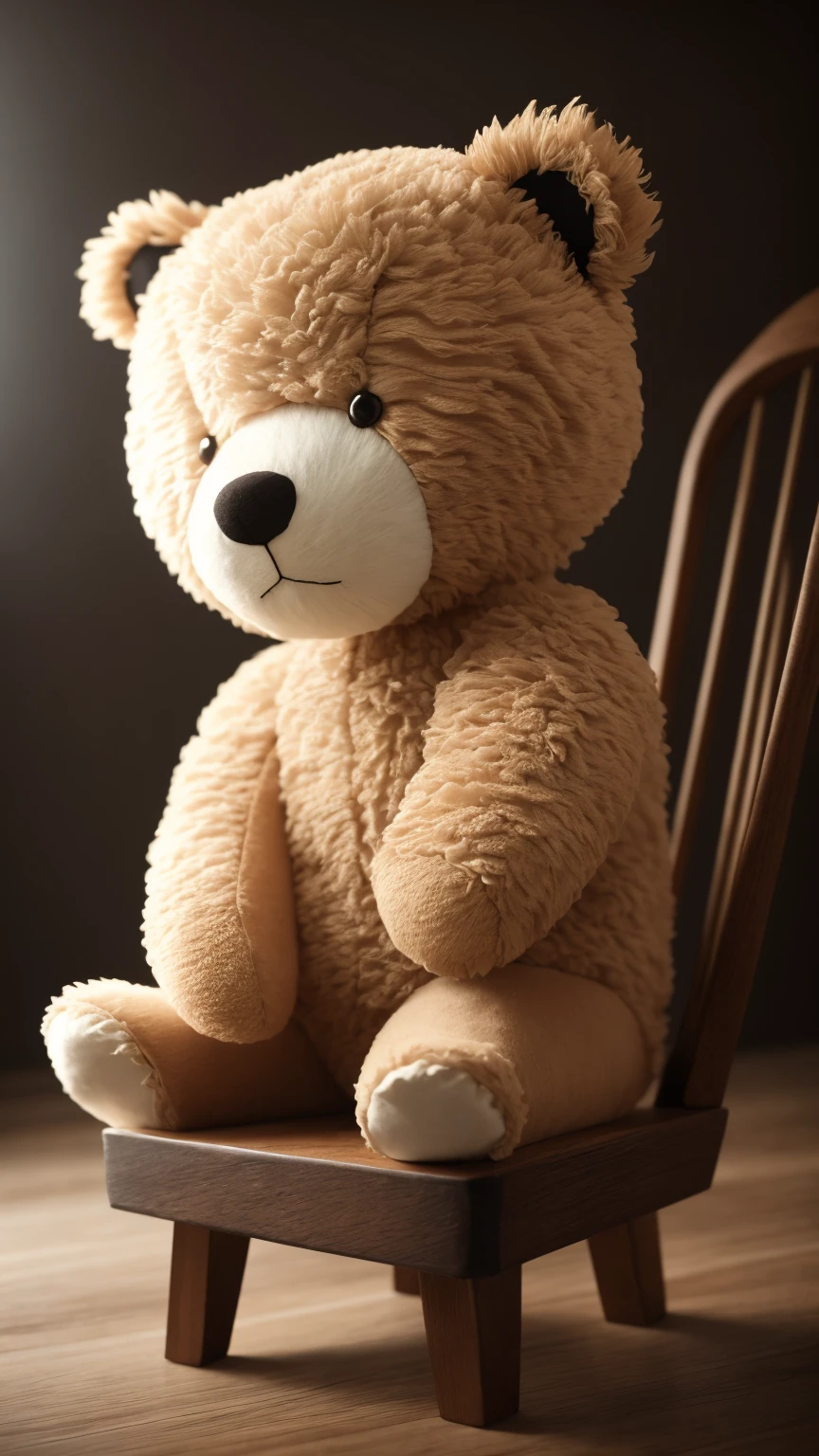 A charming teddy bear sitting on a vintage wooden chair, surrounded by soft, warm studio lighting that accentuates its fuzzy texture. The camera captures a close-up shot (lens: 70mm) from a slightly low angle, showcasing intricate details of its stitched nose and button eyes. The render should aim for hyperrealistic 3D with a (high resolution: 1.2) output. Take inspiration from professional photographers on platforms like Behance and Deviantart
