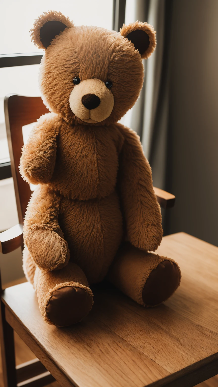 A charming teddy bear sitting on a vintage wooden chair, surrounded by soft, warm studio lighting that accentuates its fuzzy texture. The camera captures a close-up shot (lens: 70mm) from a slightly low angle, showcasing intricate details of its stitched nose and button eyes. The render should aim for hyperrealistic 3D with a (high resolution: 1.2) output. Take inspiration from professional photographers on platforms like Behance and Deviantart