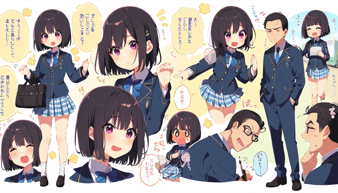A middle-aged man is lifting up the skirt of a girl with bob-black hair, a blazer uniform, a navy blue checked skirt and floral panties, who is standing on a train with a blushing face and bowed head.、whole body