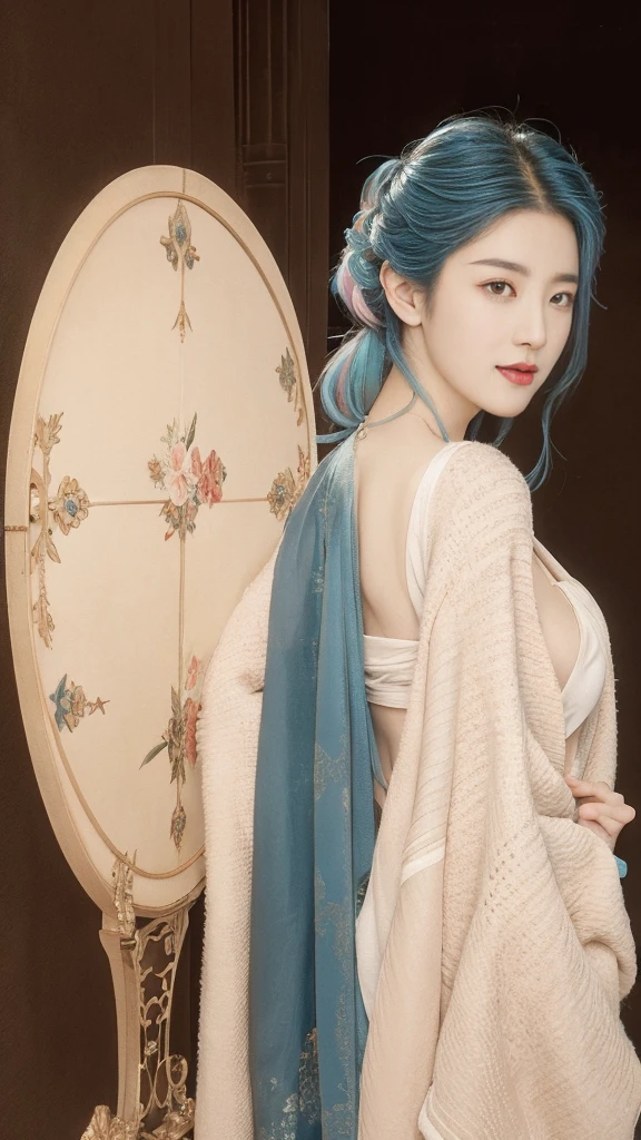 highly detailed, 8K, masterpiece, 1 girl, blue pink_hair, nude, Smile, (perfect_Face), boundary, close up, mad, exist_Back, Gorgeous, complex, dramatic lighting, 4K, detailed_Background, Caustics, full_Body,  naked