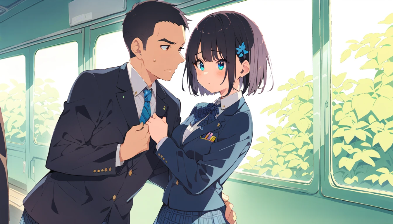 A middle-aged man with black bob hair and a blazer and uniform is standing holding onto the handrail of a train、He is grabbing the buttocks of a girl in a navy blue checked skirt.