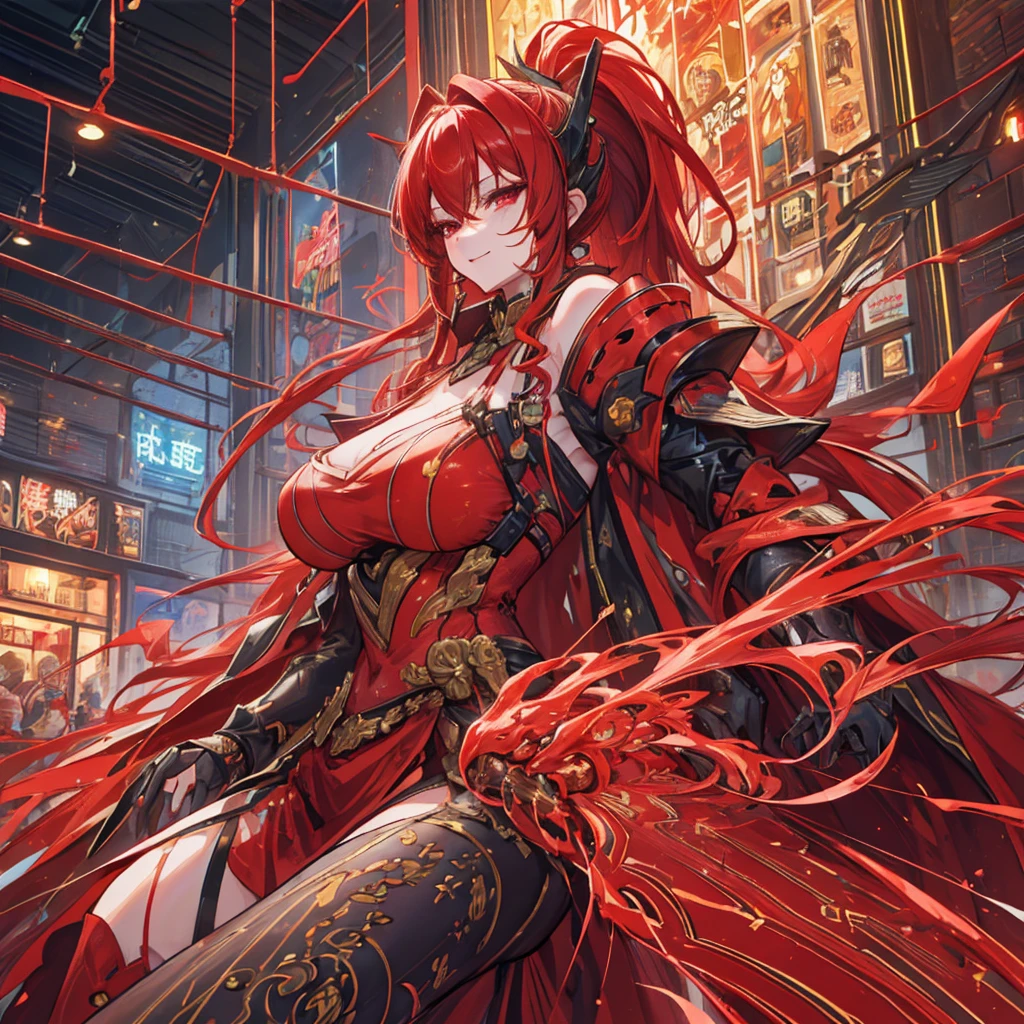 Crossing your legs, Anime style painting, An illustration, Liquor, バーに座ってカクテルを飲むwoman, look return, return, 背景の棚には多彩な色のLiquor瓶が並んでいる, Quiet bar, Calm expression, Perfect hands, elder, Redhead, Dignity at 50, ほろ酔いのwoman, alone、(Highly detailed returnground:1.0)、(Highly detailed returnground:1.0)、masterpiece、Highest quality、(Babes)、Fractal Art、Red eyes、Narrow eyes、Black and red dress, Reddish lips、From the shoulders up、smile、一人のwoman、Red Long Ponytail, Curly Hair, Red eyes,Golden accessories, alone, Big Breasts, woman, Take-out, Provocative laughter,40 year old woman,Queen of Sadism, Highly detailed returnground, Perfect Human Medicine,