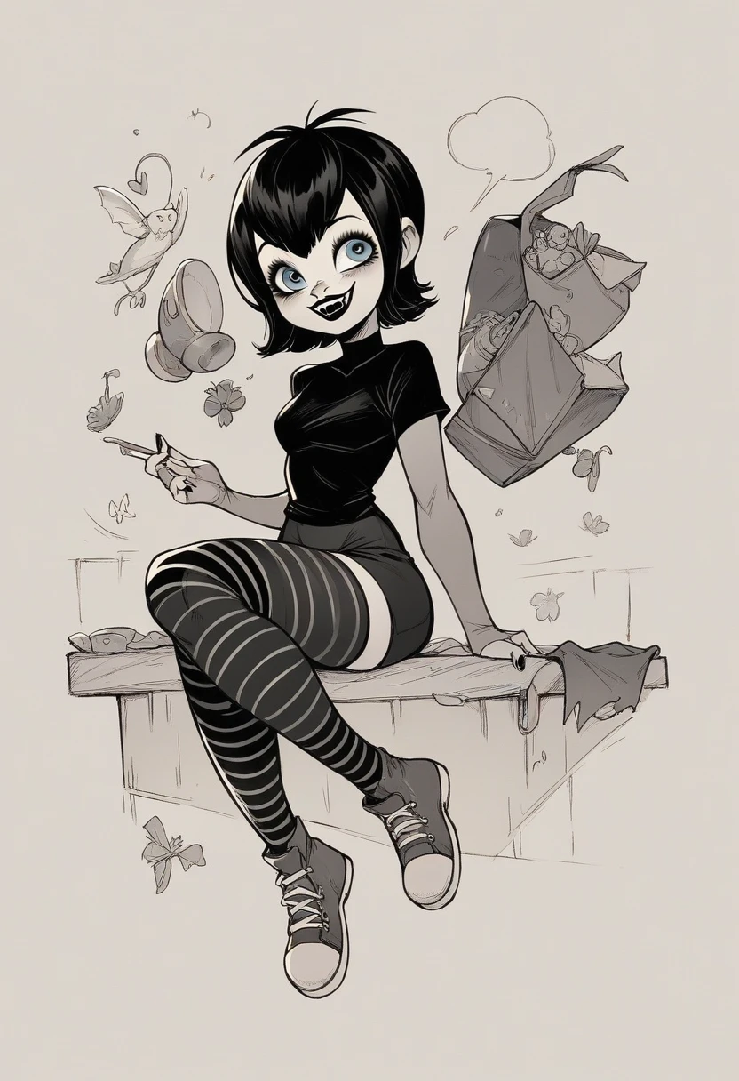 chedevr, ultra high resolution, Ultra detailed, Beautiful European girl, black hair, Short bob haircut, Amazing blue eyes, White skin, Red lips, blush, tender look, enchantress, amazing face, The Amazing Mavis Dracula, realists, ((black bodycon dress)), Charming clothes, striped socks , Beautiful, perfect body, striped knee socks, bdsm, (sitting on a wooden horse), (I'm cumming), sperm on the body, (Blow job), forced, fellatio, oral sex, invasion