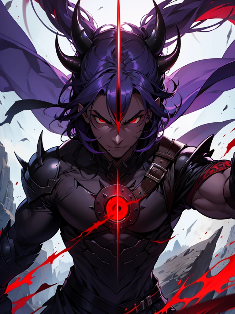 devil、Dark purple skin、Red eyes、Savage look、A magic sword as big as the body、Battle Maniac、I like fighting、strong、Barren Plains