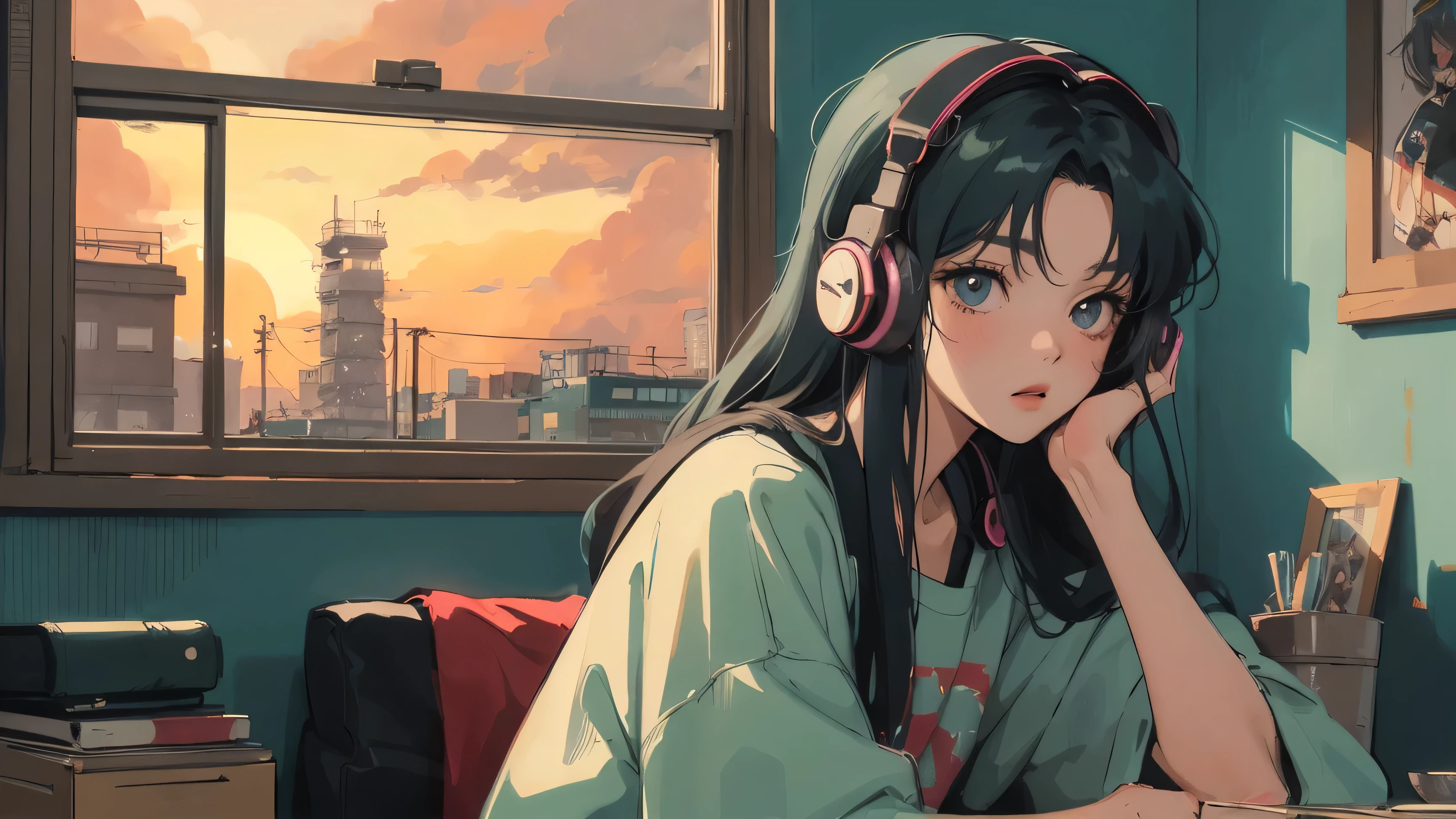 アニメ girl sitting on floor looking out window at city, アニメ aesthetic, アニメ vibes, lofi artstyle, Lo-fi portrait by the window, Watching the Sunset. アニメ, Lofty Girl, アニメ art wallpaper 4 k, アニメ art wallpaper 4k, アニメ art wallpaper 8 k, アニメ background art, Lofi Color, Lofi Art, アニメ asthetic,masterpiece, Highest quality, Rainbow Style, アニメ, Beautiful Asian Girl, Along the Hawaiian Coast, Cute and dreamy,アニメ,Illustrator,LOFI Girl, Blues,landscape,Sunset, night、Girl listening to music in a cozy room, Use headphones, 2D Style Anime, Rain outside the window、Analog Color Theme、Ghibli style,、Tokyo, modern
