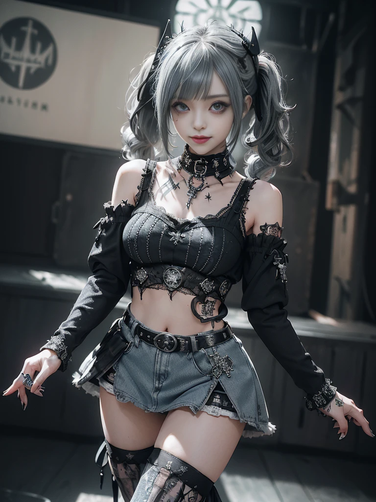 (Smiling with teeth showing:1.3),(Hollywood actress:1.5)、(Gothic Lolita style fashion:1.5)、(Punk RockVisual Kei:1.5)、(Wearing a sweater with intricate decoration:1.4)、(A mini skirt with delicate white, denim and charcoal embellishments.:1.5)、(Denim and light blue and white boots:1.3)、((belt))、(Numerous intricate patterns all over the costume:1.4)、(collar:1.3)、(Striped underwear:1.5)、20-year-old、NSFW、((Highest quality、In 8K、masterpiece:1.3))、Sharp focus:1.2、(Layered Cut、Huge boobs:1.1),Beautiful woman with perfect figure:1.4、(Dancing vigorously:1.3)、Slender Abs:1.2、Highly detailed face and skin texture、Detailed eyes、double eyelid,(Twin tails:1.3)、(Golden Hair:1.3)、Gravure idol、(The background is the stage of the fashion show:1.3)、(Slim body:1.3),(Make your legs thinner:1.4),（clavicle:1.1）