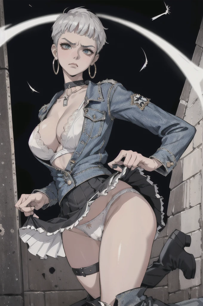 (masterpiece:1.2, best quality), (1lady, solo, upper body:1.2), Hair: buzz cut, Clothing: oversized, distressed denim jacket with patches and pins, paired with combat boots, Accessories: silver hoop earrings and a black choker necklace, Hanging out in an underground music venue or street art exhibit, striped dark blue lace shirt ,frilled skirt,sleeveless,large
nsfw,(Lift up the skirt:1.4),(white pantiese:1.3),(pubic hair:1.2),(cameltoe:1.2),(love juice:0.7),
(frown:1.2),(angry:1.2),contemptuous,disdain,(hate:1.3),looking down,elegant,active angle,dynamism pose, outdoors,from below