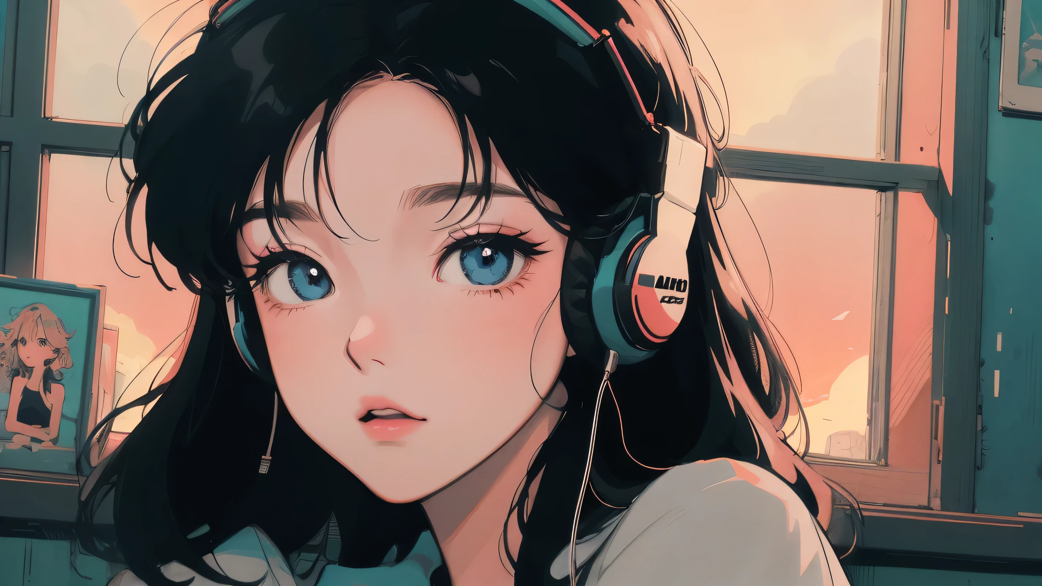 アニメ girl sitting on floor looking out window at city, アニメ aesthetic, アニメ vibes, lofi artstyle, Lo-fi portrait by the window, Watching the Sunset. アニメ, Lofty Girl, アニメ art wallpaper 4 k, アニメ art wallpaper 4k, アニメ art wallpaper 8 k, アニメ background art, Lofi Color, Lofi Art, アニメ asthetic,masterpiece, Highest quality, Rainbow Style, アニメ, Beautiful Asian Girl, Along the Hawaiian Coast, Cute and dreamy,アニメ,Illustrator,LOFI Girl, Blues,landscape,Sunset, night、Girl listening to music in a cozy room, Use headphones, 2D Style Anime, Rain outside the window、Analog Color Theme、Ghibli style