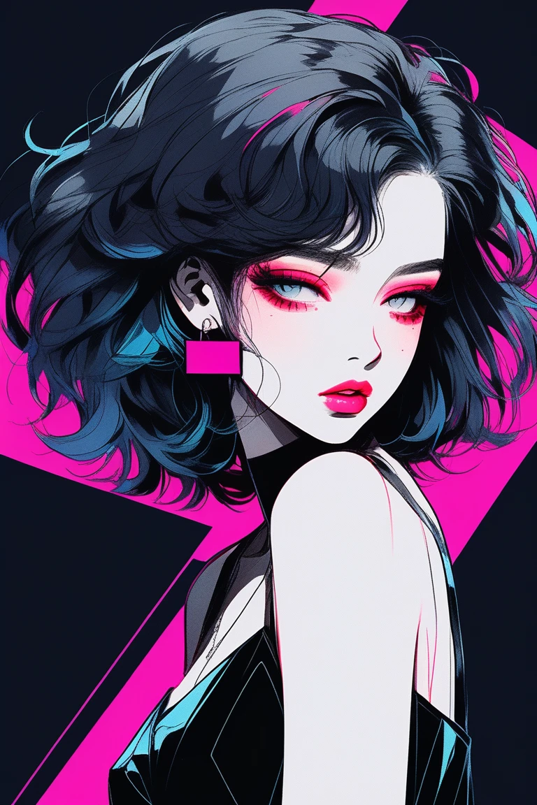 (Highest quality, sketch:1.2),Realistic,Illustrator,anime,1 Girl, Detailed lips, Black Dress,custom, (Background dark monochrome),Neon Hair,Texture Cropping, masterpiece, Style: Retro Classic, Dark Black, art, sketch book, (Bob Hair Black:1.75 Neon:1.32), bad woman , Dark monochrome background