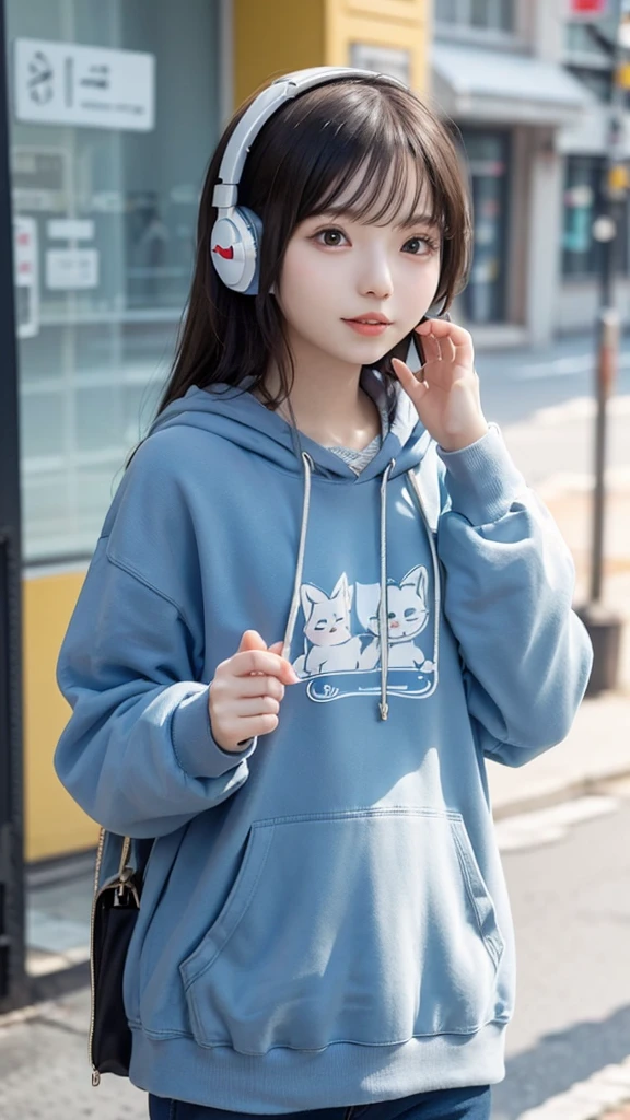 Cute cat with fluffy fur wearing one hoodie and headphones, The background is modern and inorganic, Adorable digital painting, 3D Rendering, Bright lighting, Vibrant colors,