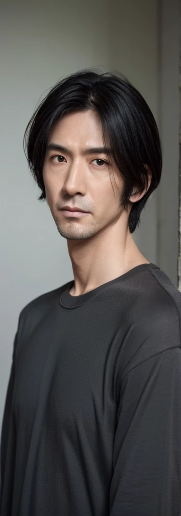 male, middle-aged, man, emaciated, pale skin, jacket, plain t-shirt, scrawny, tall, sanpaku, eyes half-closed, black eyes, black hair, center part,long bob, looking at viewer, frowning, puzzled, japanese, stubble, hooked nose, dry skin, hollow cheek, long face,