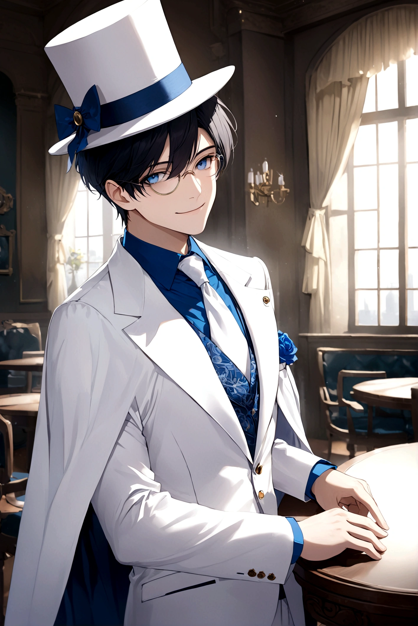solo, looking at viewer, smile, blue eyes, black hair, 1boy, hat, upper body, male focus, necktie, indoors, cape, from side, white headwear, formal, table, suit, blue shirt, top hat, monocle, white suit