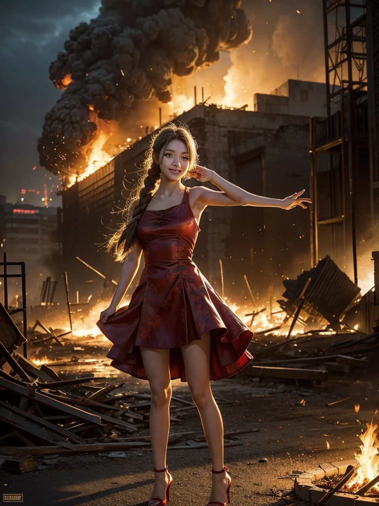 (Top quality,ultra HD,Lifelike:1.4)(Cowboy Shooter 1),Beautiful armed girl,(K-pop idol),Detailed face,opposition,Perfect anatomy,Smooth skin,Professional lighting,(Wearing a red mini dress with a fire pattern,Red high heels,blond,Close-up of a age girl with two short braids kicking someone),Victory in battle,Victorious smile(background,Destroyed buildings,fire,(Huge explosion)),Full body close-up