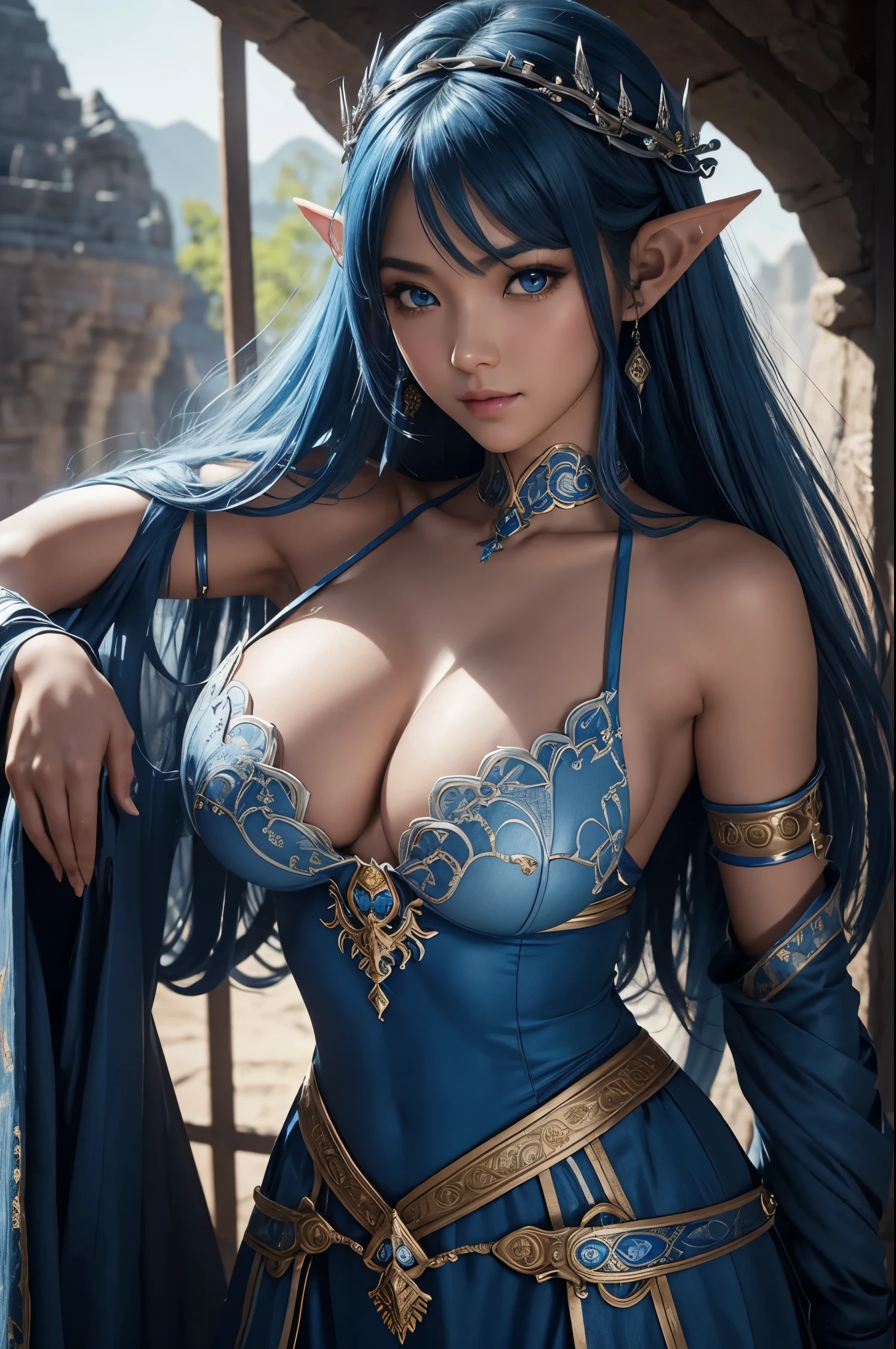 8K、A dark elf in gorgeous blue and white chest armor.、Super Beauty(Realistic)、Tan Skin、Elf Ears、青と白のVery large breasts部鎧、Model Chute Style、(非常にdetailedなCGユニティ8K壁紙)、Full body photos of the most beautiful works of art in the world、Front 4 poses、Blue Hair、Blue and white combat skirt、diamond、Medieval architecture、Talked about at the art station、CG Trends、detailed、Every detail、Sharp focus、Very large breasts、blue eyes、Audience、Beautiful expression、Accentuate your cleavage、Beautiful decoration、smile、make、Inside the cave、Beautiful Blue Hair、Tan Skin、Dark skinned female elf、Rich colors、Backlight、Cinema Lighting、Film Grain、50mm lens、Nikon D850、Ultra-high resolution、Ultra-realistic、Dynamic fighting poses、青と白のVery large breasts部装甲(Metal)、In the dark dungeon、Makeup,Very large breasts,