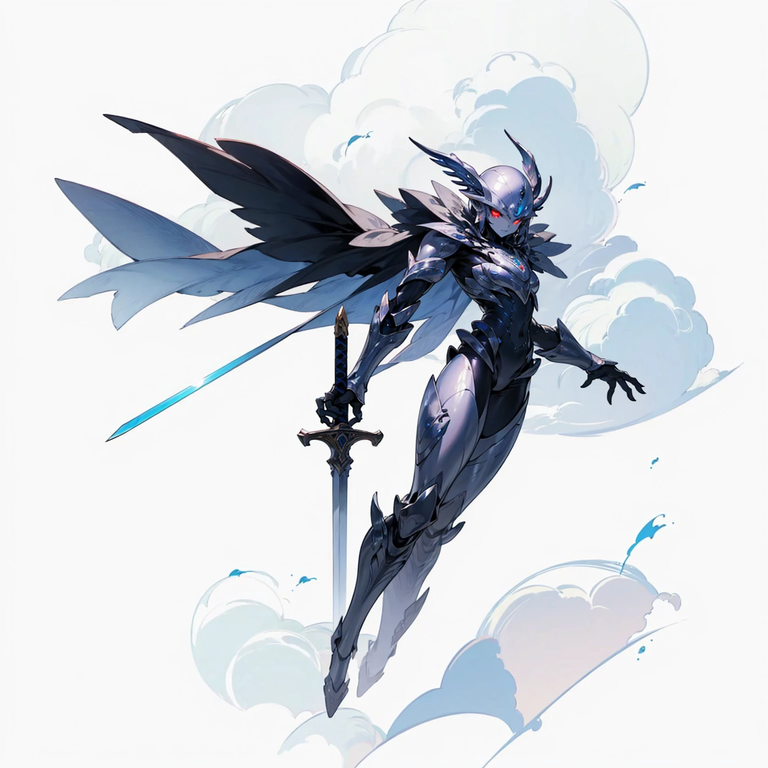 (Random Evolution, Colossal alien mixed Mythological creatures), (Flying in the clouds), silver armor body, (carrying a sword), full body version, (silver hands),  full blue colour skins, (red eyes), (Grassroots), no background
