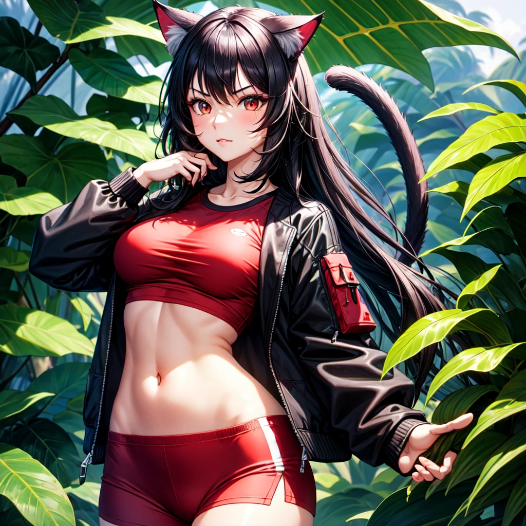 The background is a bamboo forest, Panda, Tiger, School Swimsuit, cute, Beauty, Tohsaka Rin, (masterpiece), highest quality, 1girl, uhd, retina, masterpiece, ccurate, anatomically correct, textured skin, super detail, high details, high quality, best quality, highres, 4K
