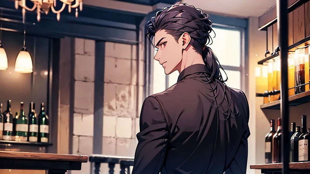 Man, ponytail, black suit, back view, bar with bottles, chandelier