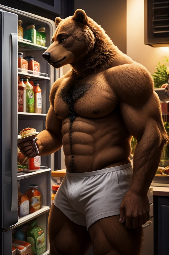 A grizzly bear has brown fur, at kitchen, hungry, raid the fridge, anthro bear, male, adult, brown fur, buffed body, eating burgers at fridge, sexy, beefy body, furred body, furry chest hair, realistic, full body, photorealistic, ultra realistic, 8k, night, bare-chested, in back turned posing,