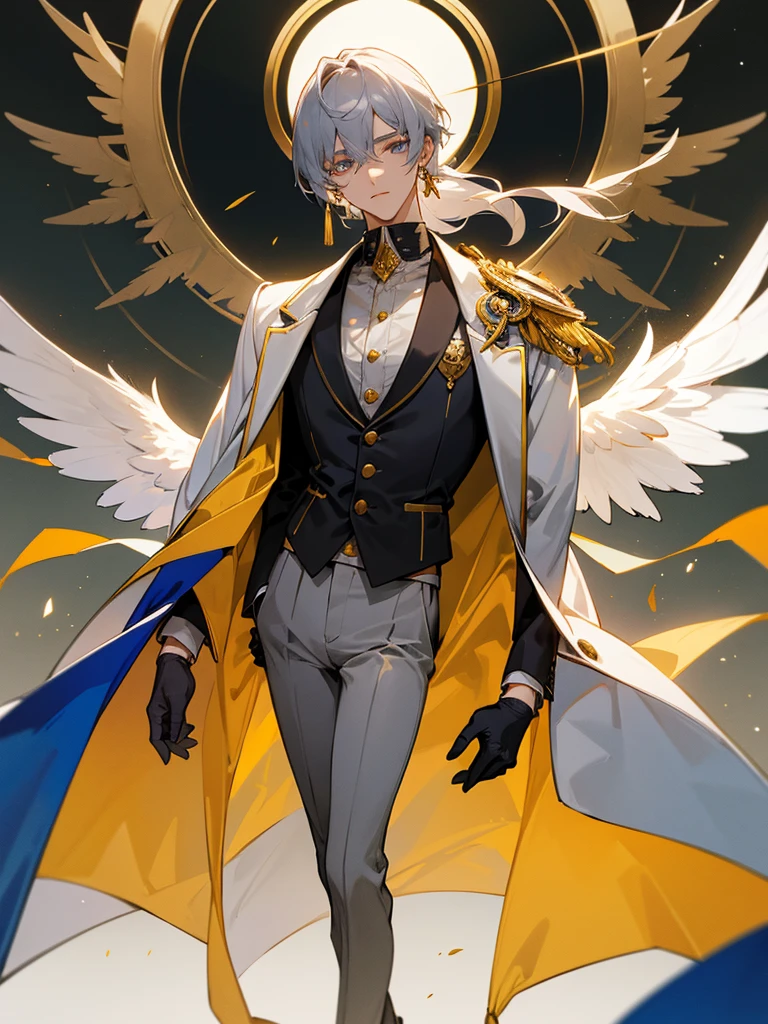 Sunday is a young man with fair skin., golden irises and dark blue pupils. He has sleek shoulder-length light gray hair with bangs, combed to the left. Behind his ears he has wings of the same color pierced with gold earrings, as well as a halo with details, resembling eyes, Behind your head, which represents his Halowian heritage.

Sunday outfit consists of a white sleeveless coat, light gray unbuttoned jacket underneath, black turtleneck with gold ornament in the middle, resembling an eye, and a dark blue wing-shaped vest under the jacket. He also wears white gloves with gold cross-cuts, as well as light gray trousers and black loafers with gray soles. To his left is a gold decoration, attached to a blue cape and tassel, and his coat and jacket are unbuttoned at the back, exposing the vest.