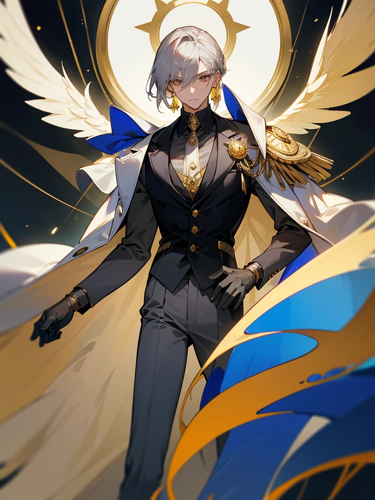 Sunday is a young man with fair skin., golden irises and dark blue pupils. He has sleek shoulder-length light gray hair with bangs, combed to the left. Behind his ears he has wings of the same color pierced with gold earrings, as well as a halo with details, resembling eyes, Behind your head, which represents his Halowian heritage.

Sunday outfit consists of a white sleeveless coat, light gray unbuttoned jacket underneath, black turtleneck with gold ornament in the middle, resembling an eye, and a dark blue wing-shaped vest under the jacket. He also wears white gloves with gold cross-cuts, as well as light gray trousers and black loafers with gray soles. To his left is a gold decoration, attached to a blue cape and tassel, and his coat and jacket are unbuttoned at the back, exposing the vest.