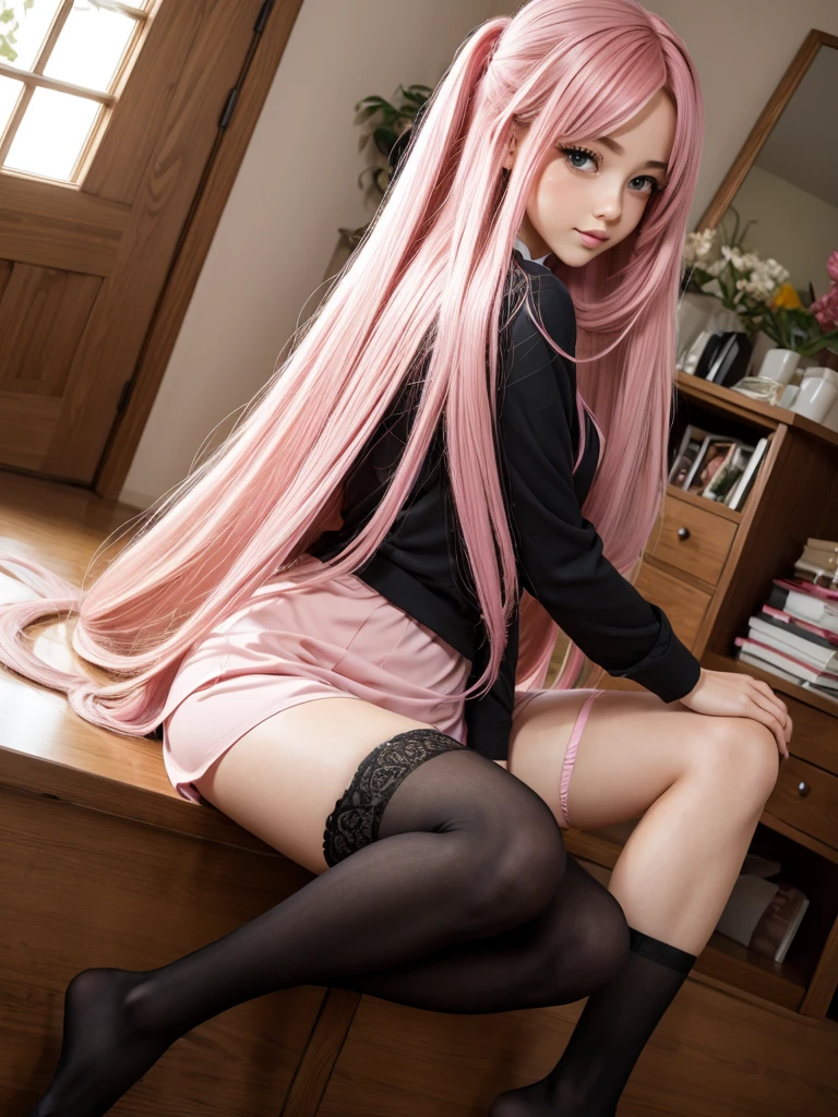 beautiful girl pink long hair .
stockings