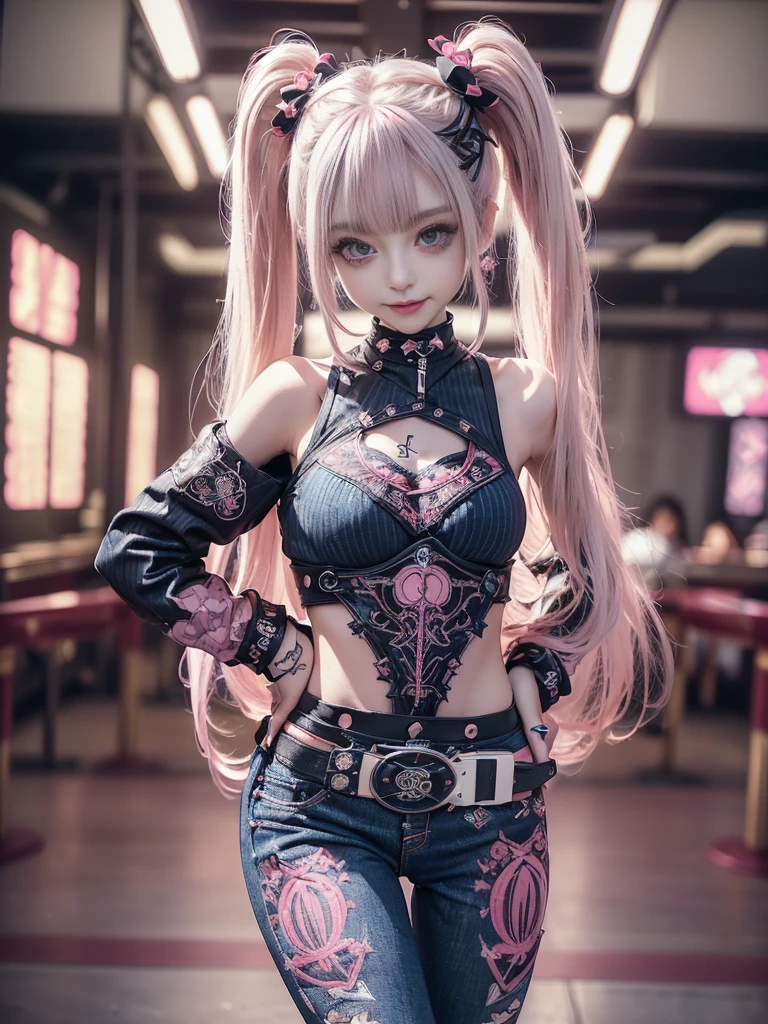 (Full Body View:1.2)、(lotus position:1.1)、(Smiling with teeth showing:1.3),(Shibuya Gal:1.5)、(Gothic Lolita style fashion:1.5)、(Punk RockVisual Kei:1.5)、(Wearing a rhythmic gymnastics bodysuit with intricate details:1.4)、(Racing suit and pants with intricate decorations in magenta, denim and wine red:1.5)、(Red and white and white boots:1.3)、((belt))、(Numerous delicate logo marks all over the costume:1.4)、(collar:1.3)、(Striped underwear:1.5)、20-year-old、NSFW、((Highest quality、In 8K、masterpiece:1.3))、Sharp focus:1.2、(Layered Cut、Huge boobs:1.1),Beautiful woman with perfect figure:1.4、(Dancing vigorously:1.3)、Slender Abs:1.2、Highly detailed face and skin texture、Detailed eyes、double eyelid,(Twin tails:1.3)、(Pink and cream hair:1.3)、Gravure idol、(The background is the stage of the fashion show:1.3)、(Slim body:1.3),(Make your legs thinner:1.4),(clavicle:1.1)、(Thin and slim thighs:1.3)