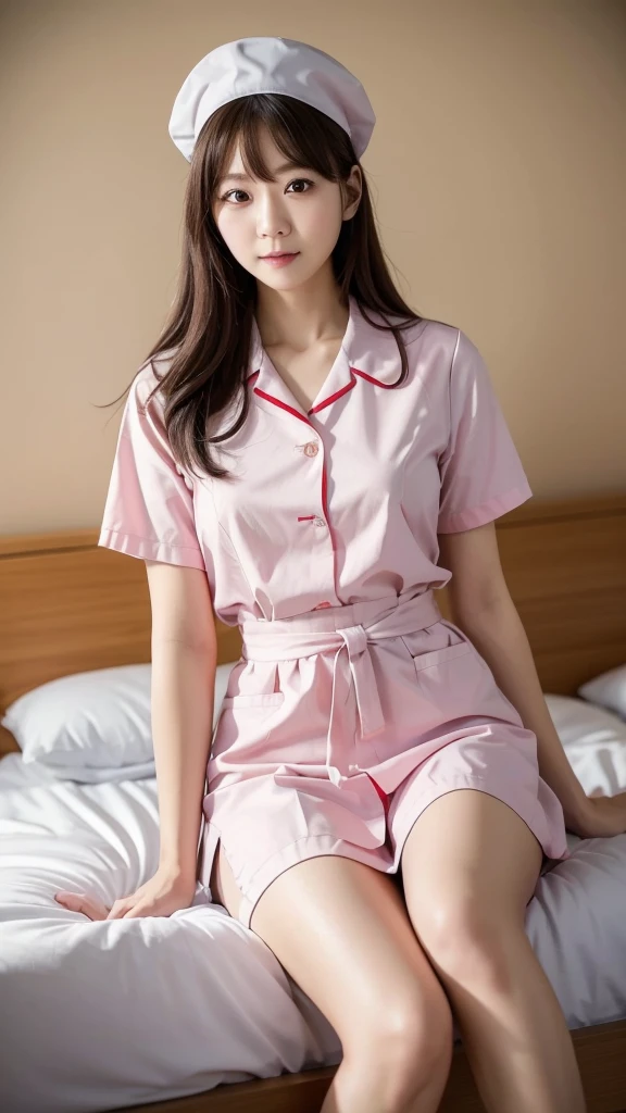 nurse、Nurse uniform、(Highest quality)、((Very detailed))、4K、(8K)、masterpiece、Very detailedな、Highest quality、Super Resolution、1 person、Kind Face、Soft Light、RAW quality、Soft Skin、163cm、hospital、Waist、knees、syringe、Nurse hat