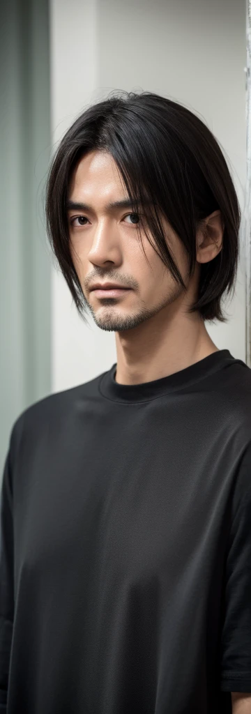 male, middle-aged, man, emaciated, pale skin, jacket, plain t-shirt, scrawny, tall, sanpaku, eyes half-closed, black eyes, black hair, center part,long bob, looking at viewer, frowning, puzzled, japanese, stubble, hooked nose, dry skin, hollow cheek, long face,