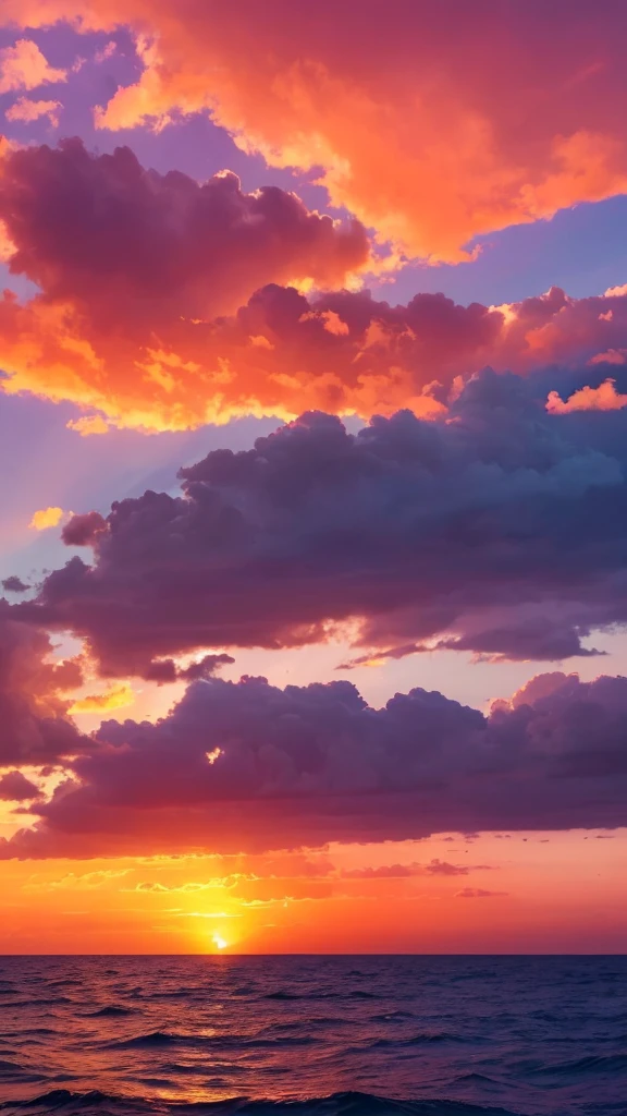 The sunset sky dominates the sky、vibrant orange、pink、The purple gradation is spreading。Thin clouds reflect the light and shine.、The sea stretches out in the distance。The horizon of the sea is barely visible、The beauty of the sky above is emphasized.。
