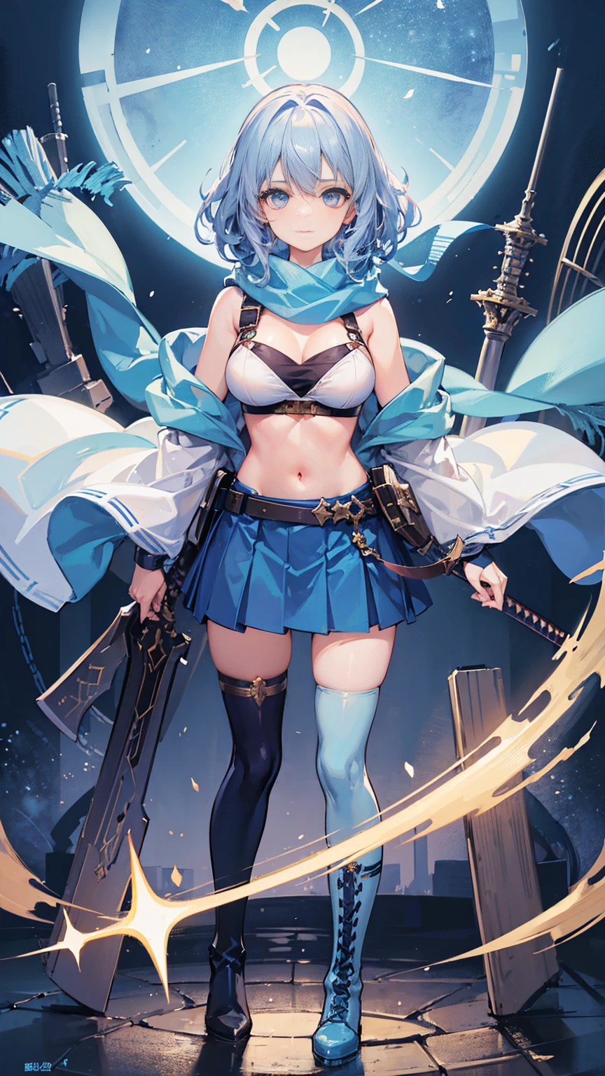1girl,have a big sword,light blue hair, curly medium hair,light blue eyes, navy long Scarf,blue brassiere,blue miniskirt,wearlight blue tights,blue long boots,masterpiece, best quality, high quality