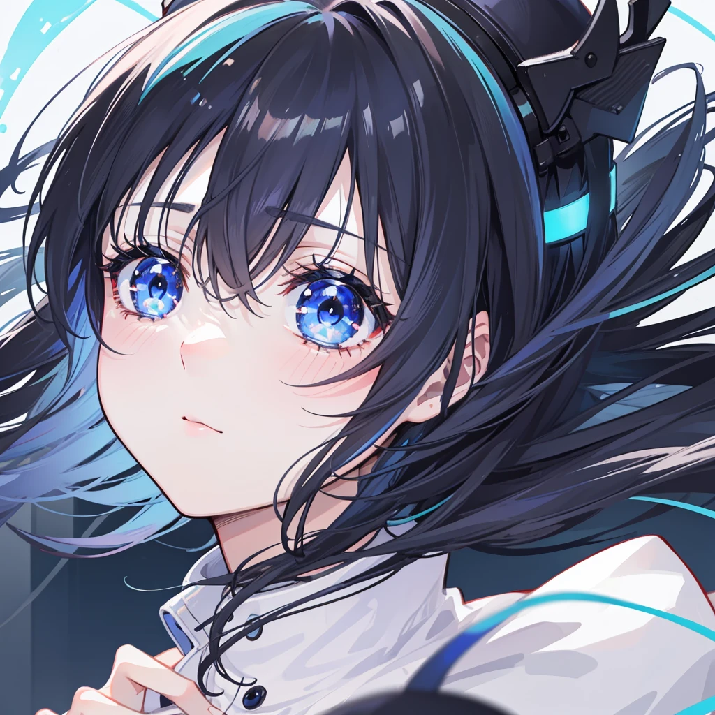 girl with、soio、age19、top-quality、a cool、cool、A dark-haired、Heavy bangs、blue eyess、Delicate lashes、Department of Landmines、A black、shuicolor