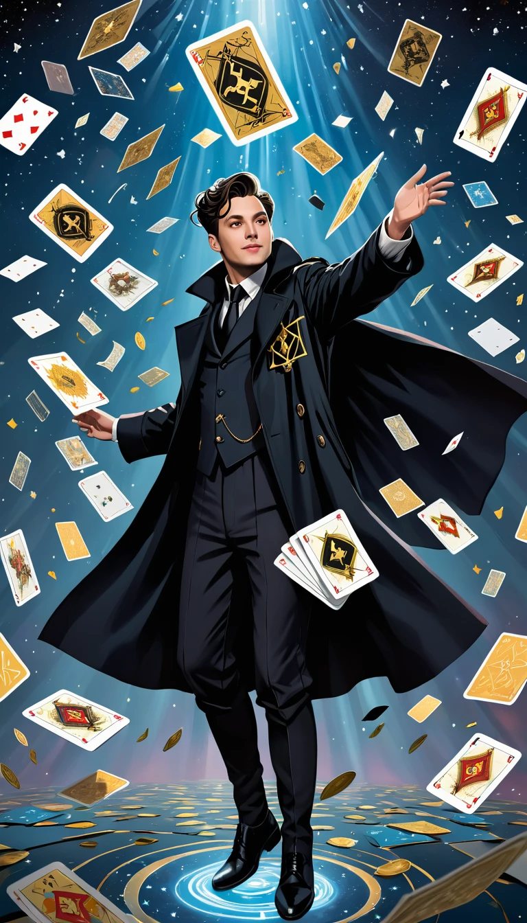 Magician in black trench coat,Tarot cards floating in the air,Tarot cards floating in the air